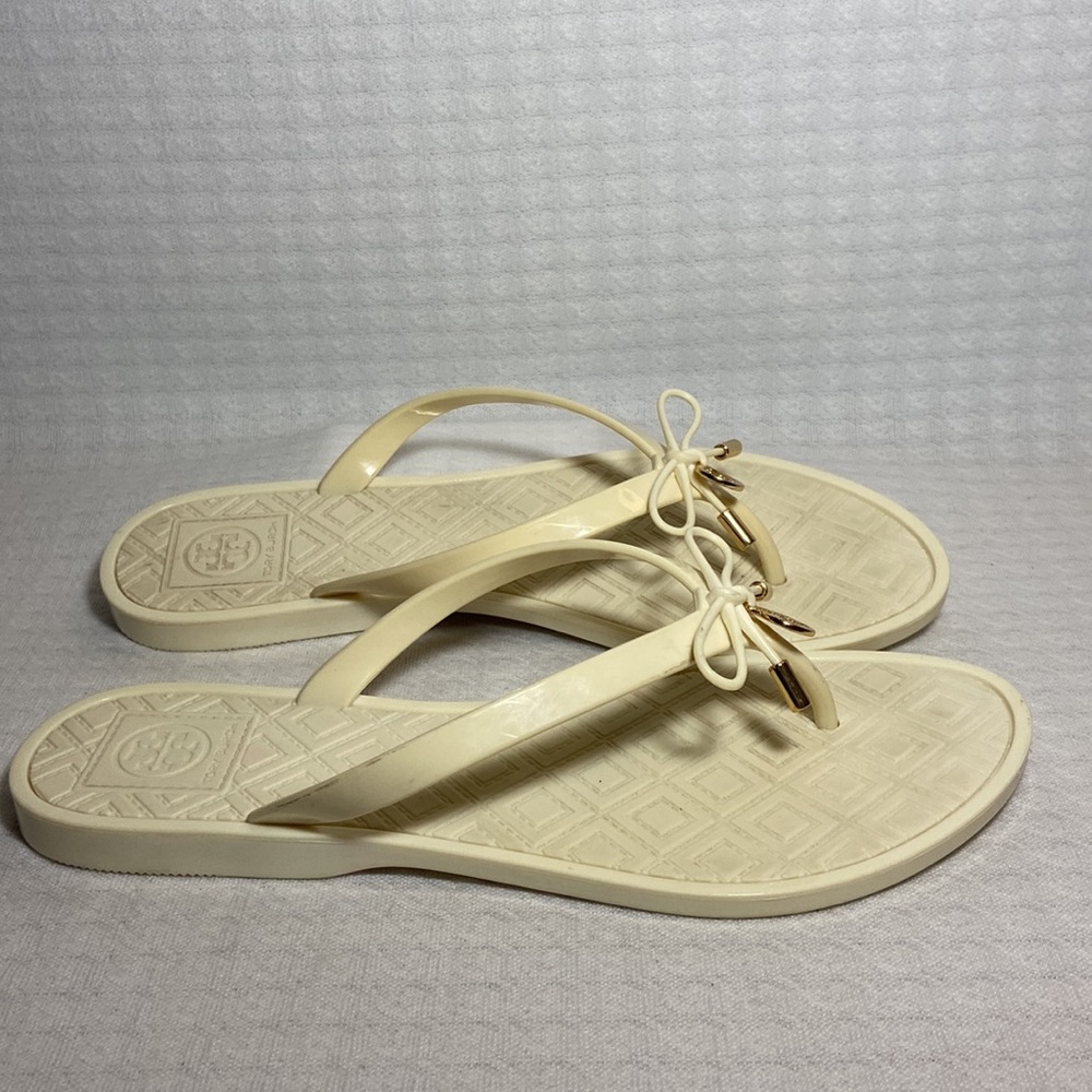 Tory Burch Ivory Bow Thong Sandals with Gold Accents